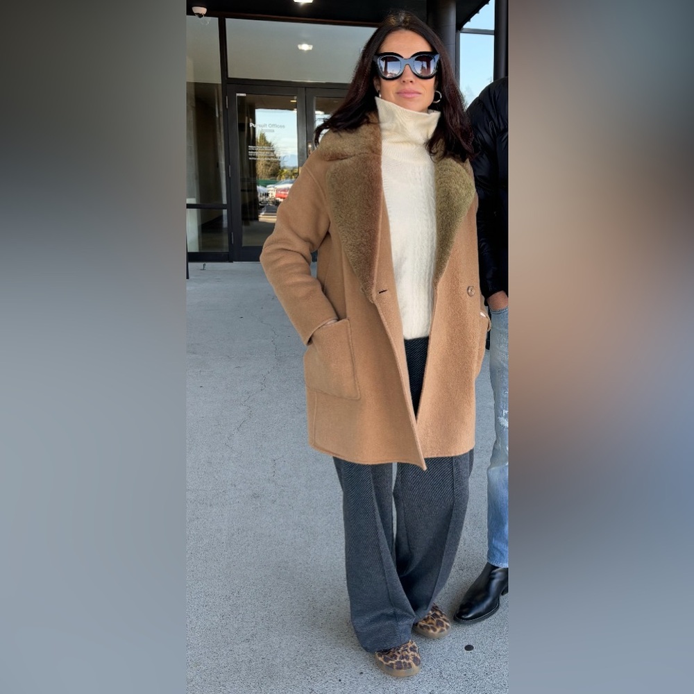Trina Turk Tan Wool Coat with Real Lamb Fur Collar